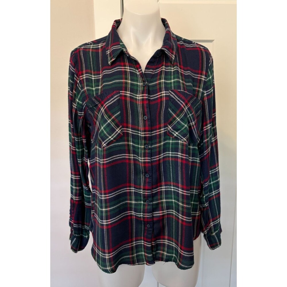 LUCKY BRAND Womens Button TOP Long Sleeve BLACK Gray White PLAID Size L
